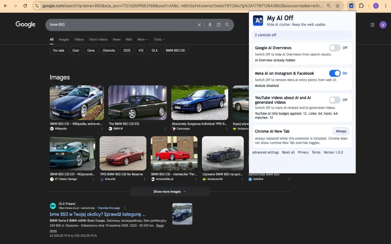Google Search results after the AI overview is hidden