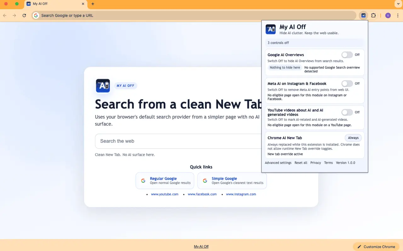 Clean Chrome New Tab page with My AI Off