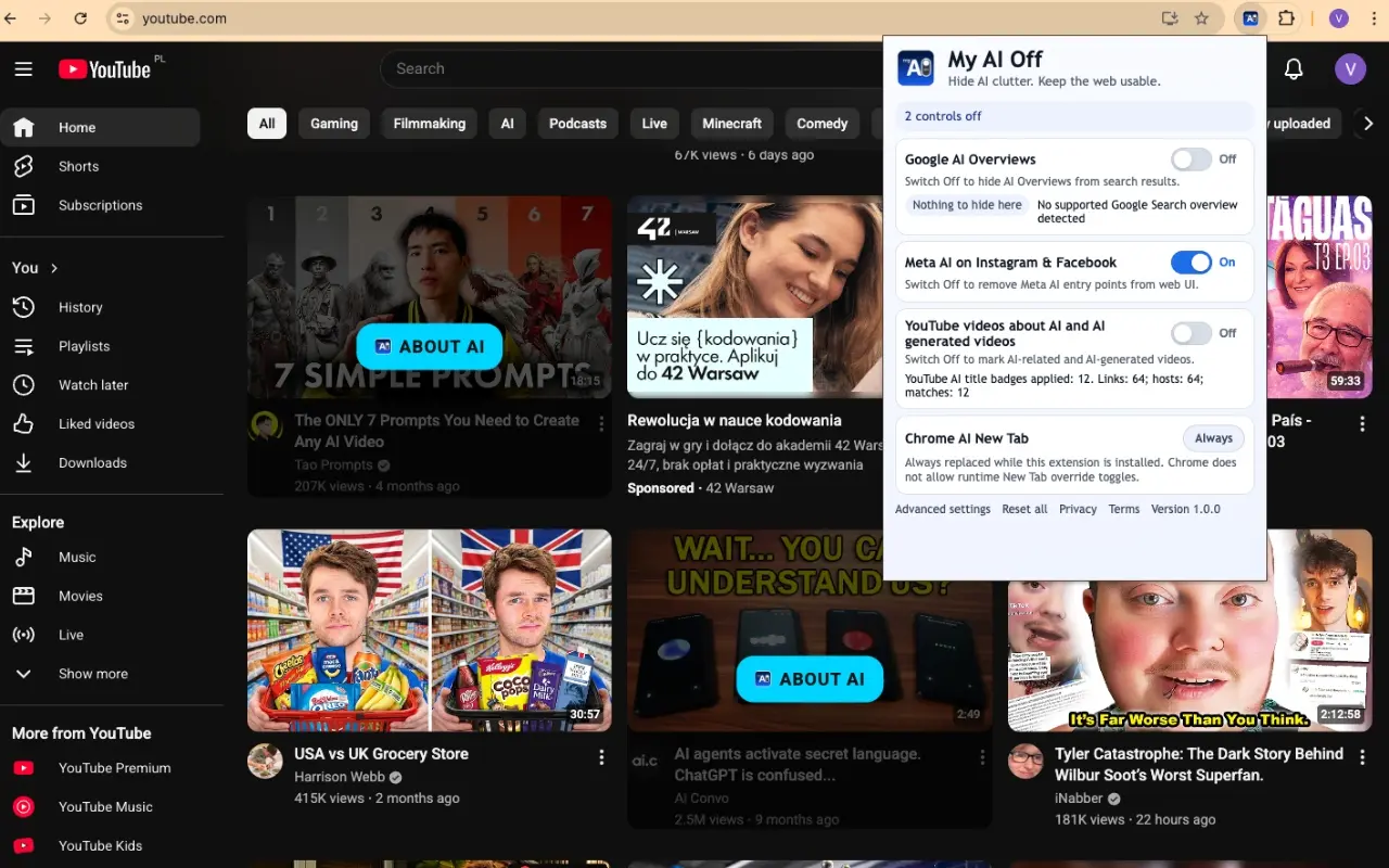 YouTube with My AI Off extension popup open