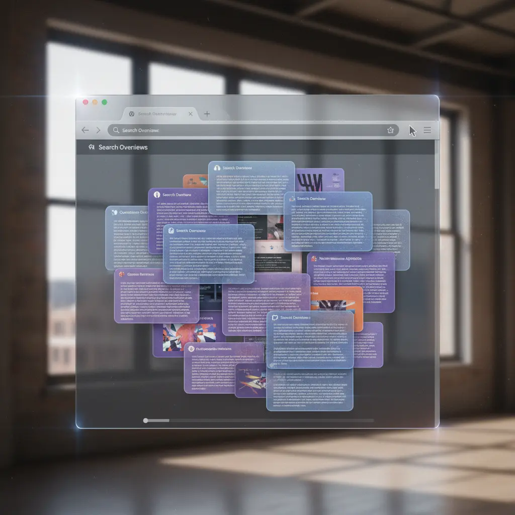 Screenshot showing a browser window with AI-generated content sections highlighted, such as search overviews and recommendation feeds.