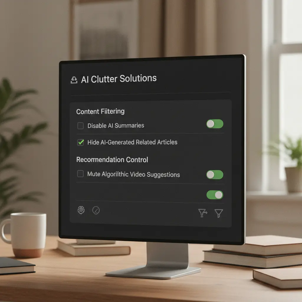 A browser extension settings panel showing options to disable AI summaries, related articles, and video recommendations.