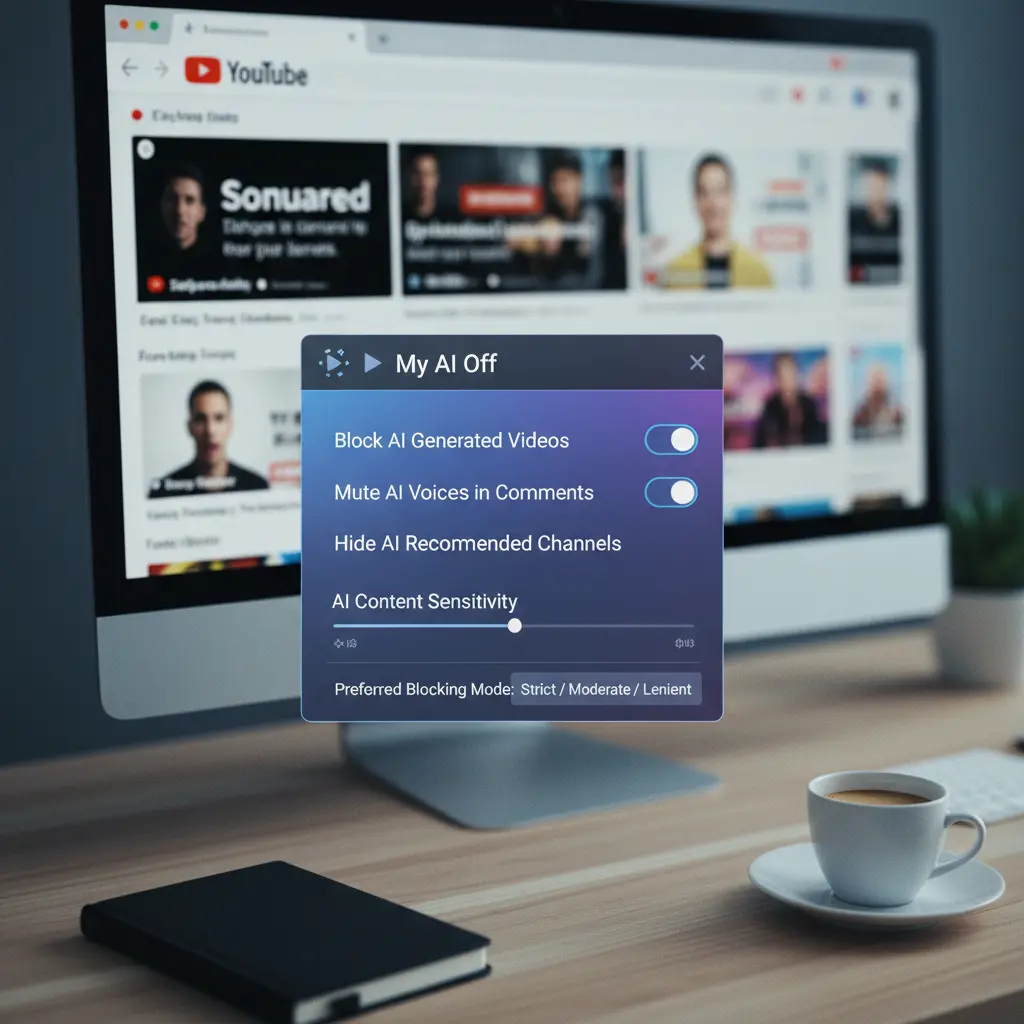 Screenshot of My AI Off extension interface showing options to block AI content on YouTube