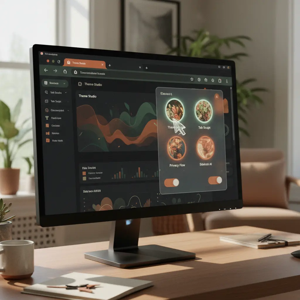 A screenshot showing a browser interface with customized elements and an extension panel open.