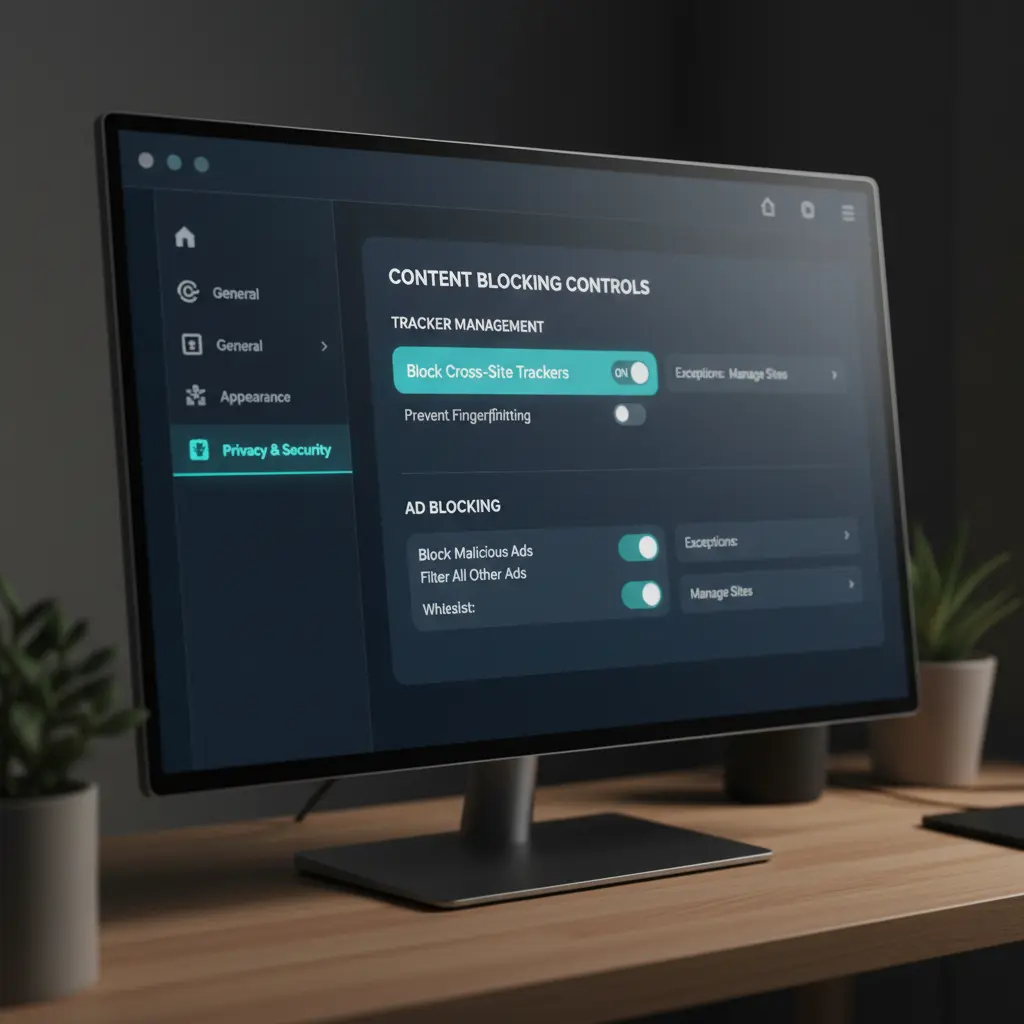 A screenshot of browser content blocking settings, showing options to manage trackers and ads.
