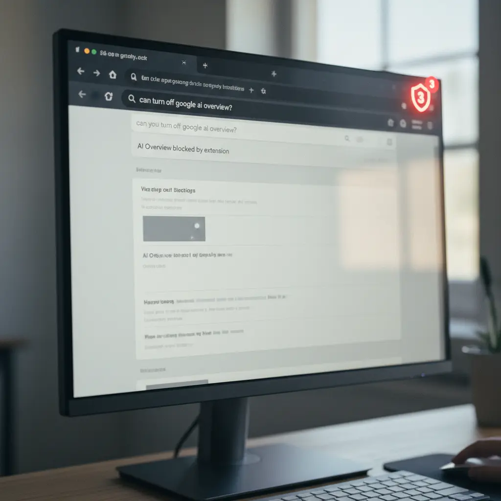 A web browser toolbar showing an installed extension icon with a red badge, indicating active content blocking on a search page.