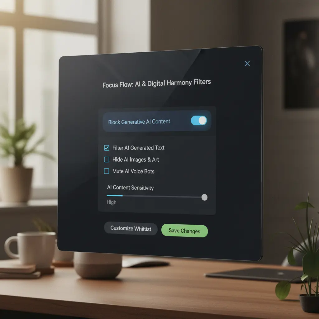 Screenshot of a browser extension settings menu showing options for blocking AI content