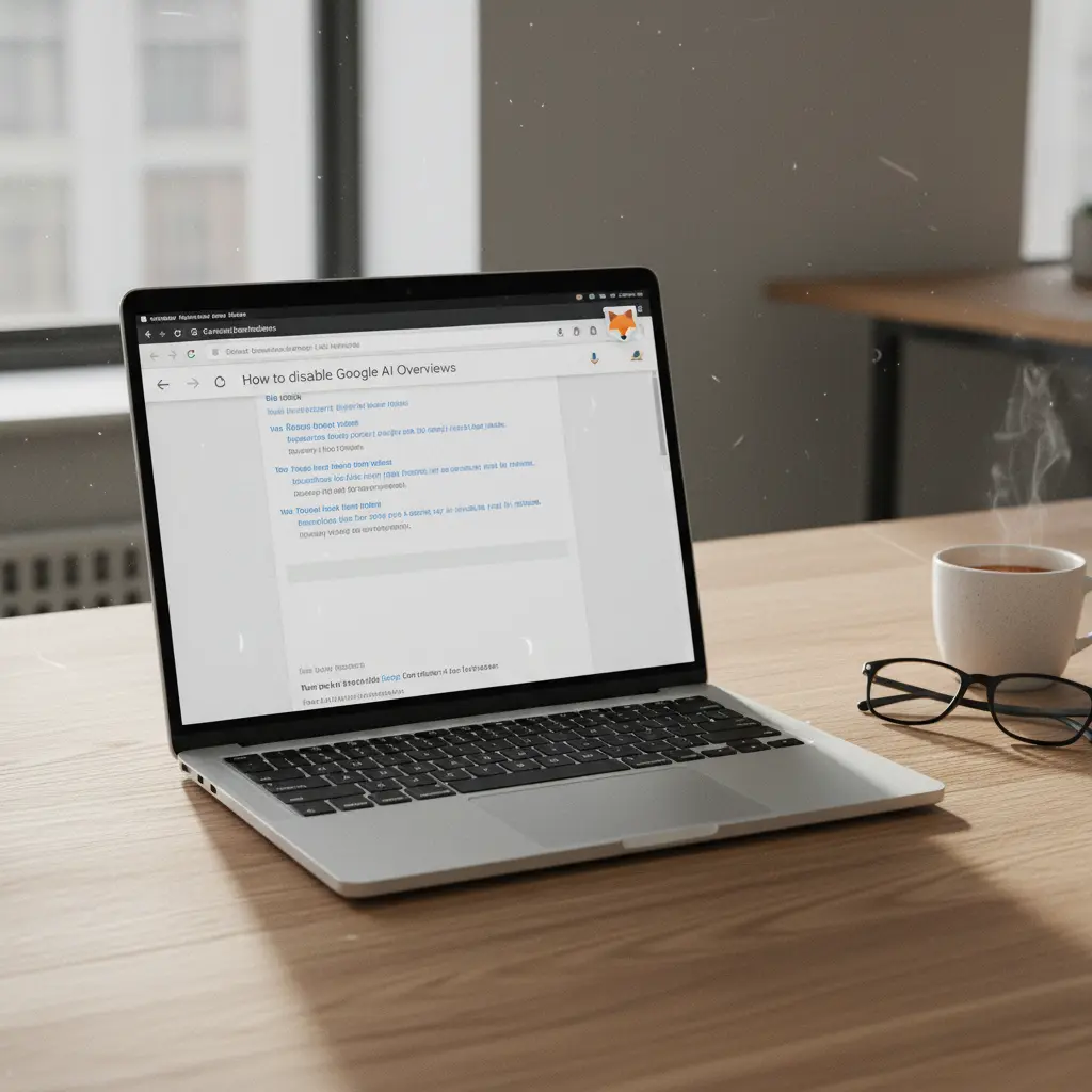 Firefox browser displaying Google search results with AI Overview removed by an extension