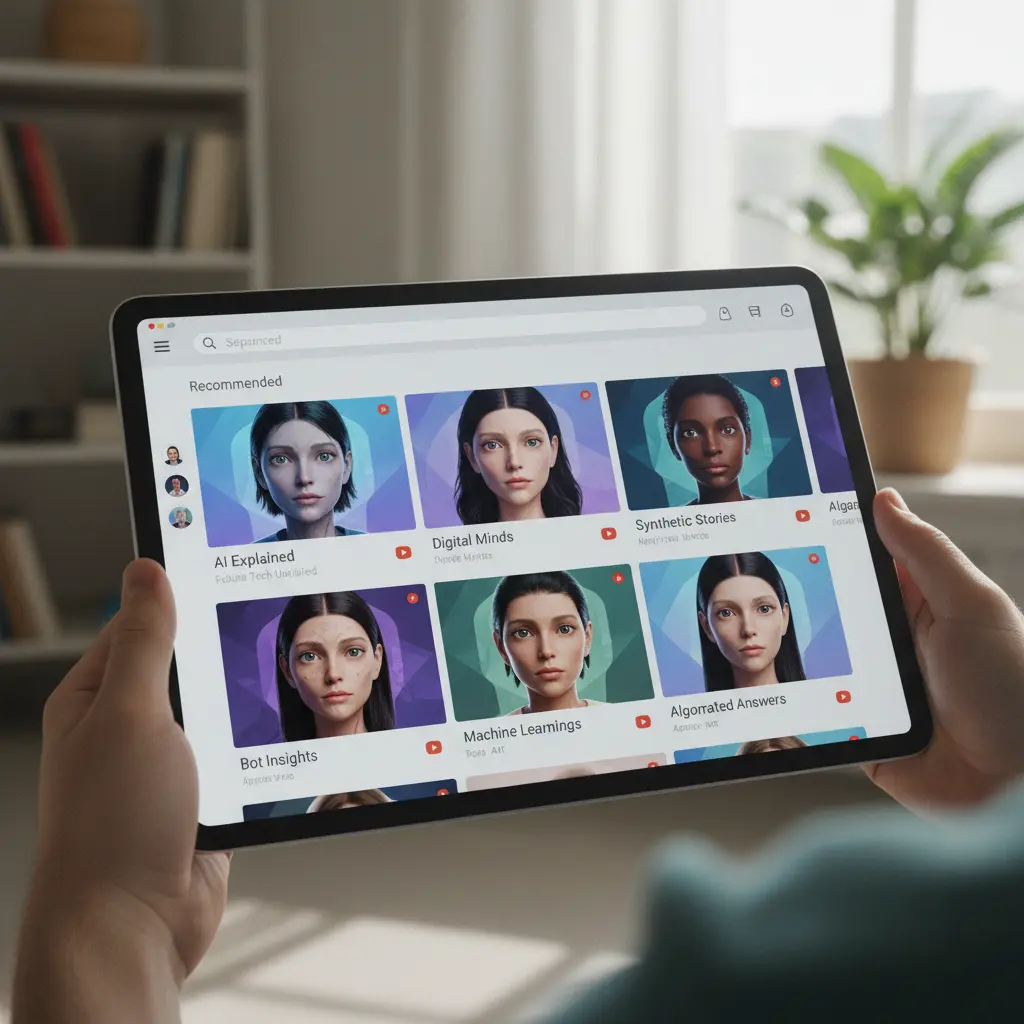 A YouTube feed showing multiple AI-generated video thumbnails with generic titles and synthetic avatars