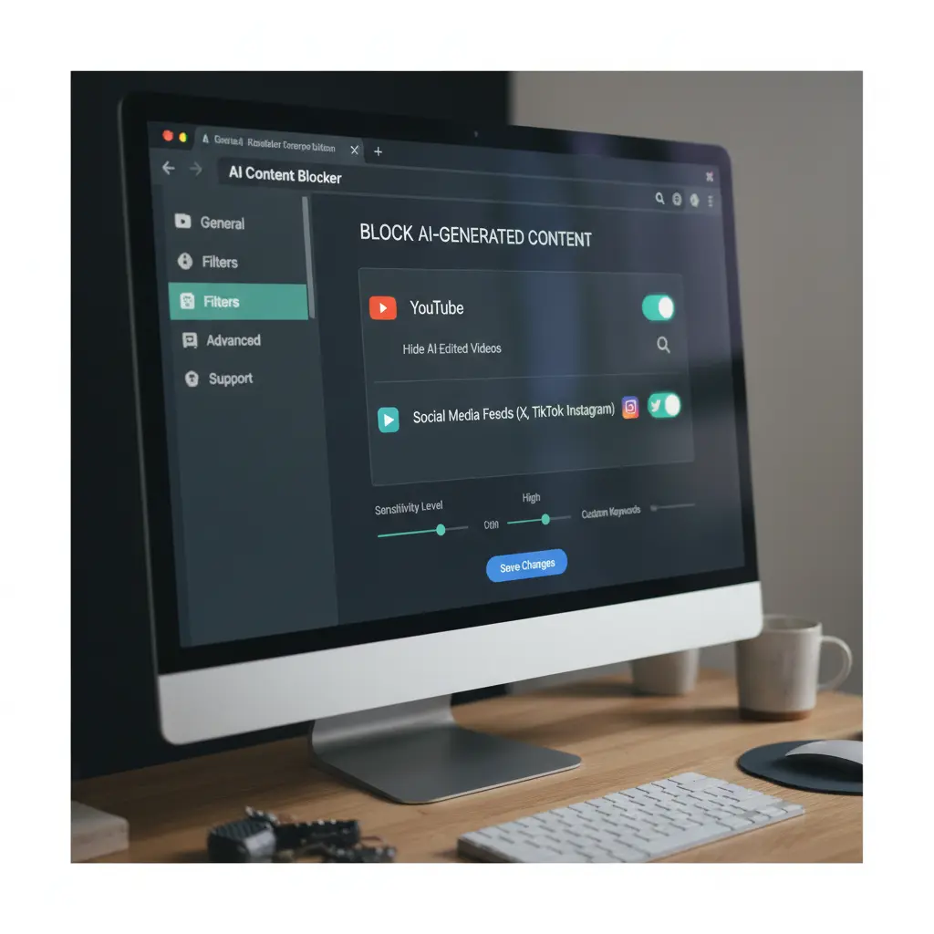 A screenshot showing a browser extension's settings interface, highlighting options to block AI content on YouTube, Google, and social media platforms