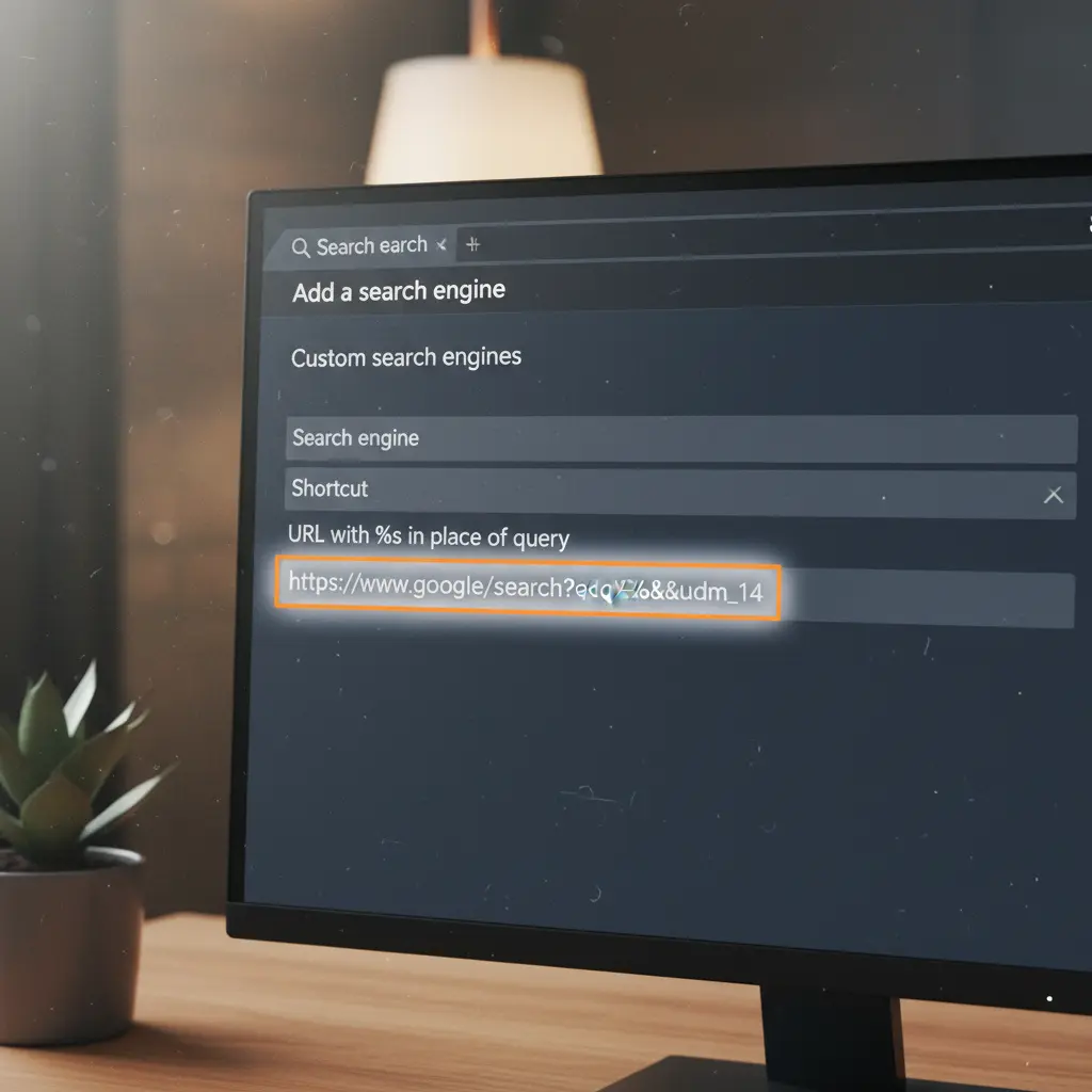 Screenshot of browser settings for adding a custom search engine, highlighting the URL field for Google with the &udm=14 parameter.