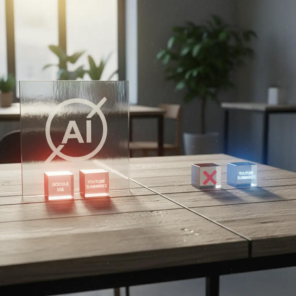 Diagram illustrating the difference between broad AI blocking and specific AI blocking with examples of Google SGE and YouTube summaries.