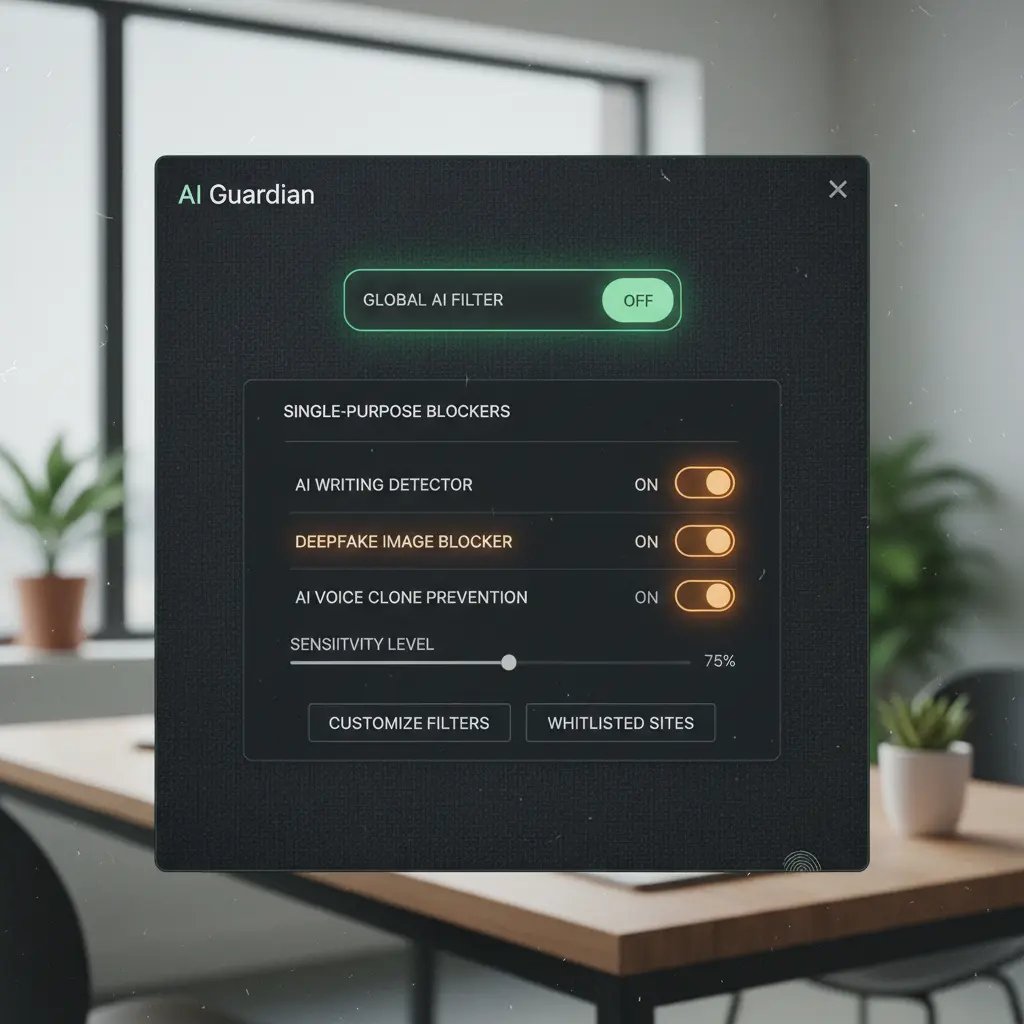 A browser extension interface showing various options for AI content filtering and blocking, highlighting user control.