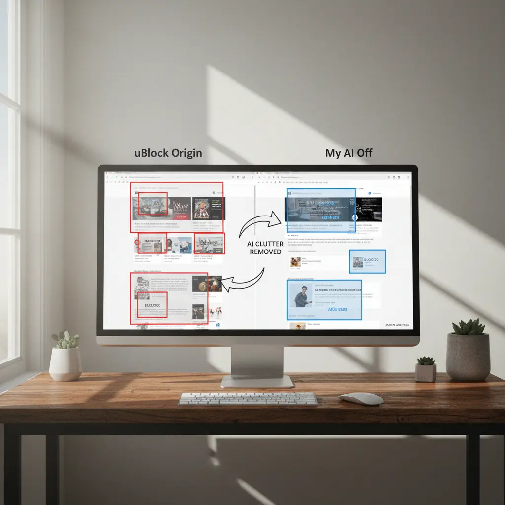 A diagram showing how uBlock Origin and My AI Off work together to clean a web page