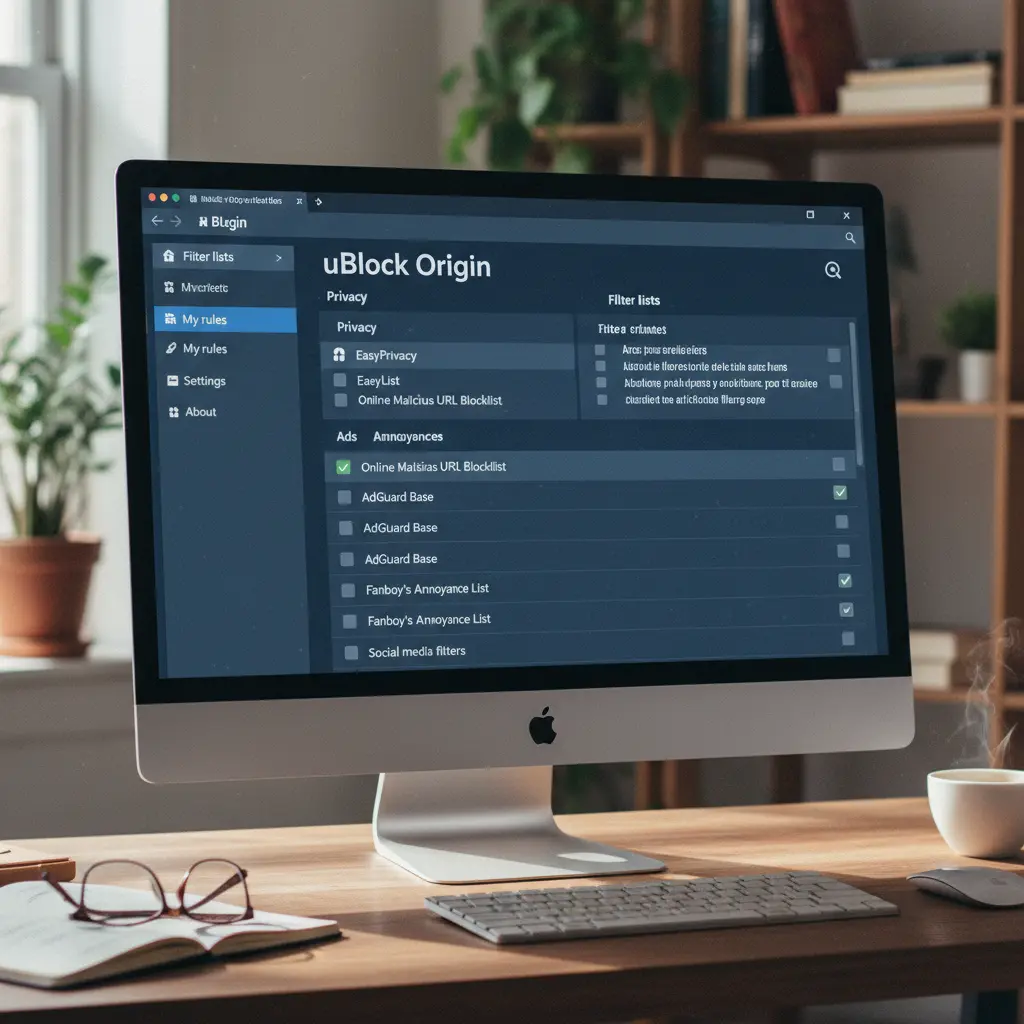 uBlock Origin dashboard showing filter lists