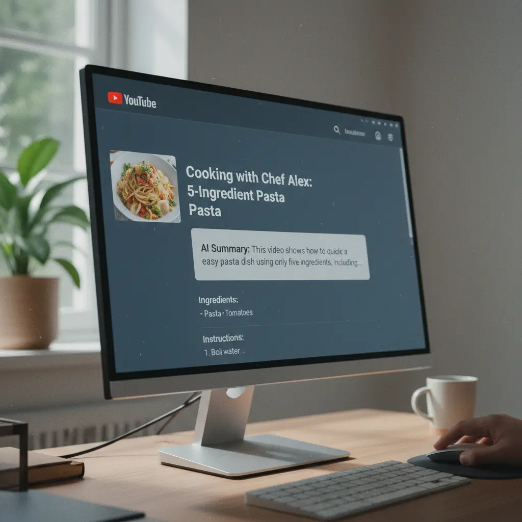 Screenshot of a YouTube video recommendation showing a distinct AI summary block below the video title and a traditional video description panel.