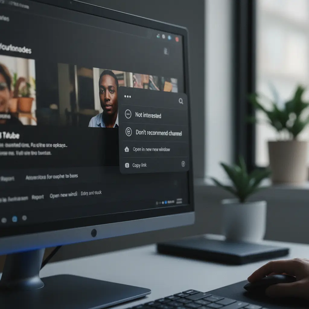 Screenshot of YouTube's three-dot menu on a video, showing 'Don't recommend channel' and 'Not interested' options.
