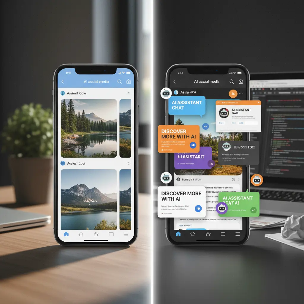 Clean social media feed without Meta AI interruptions versus a cluttered one.