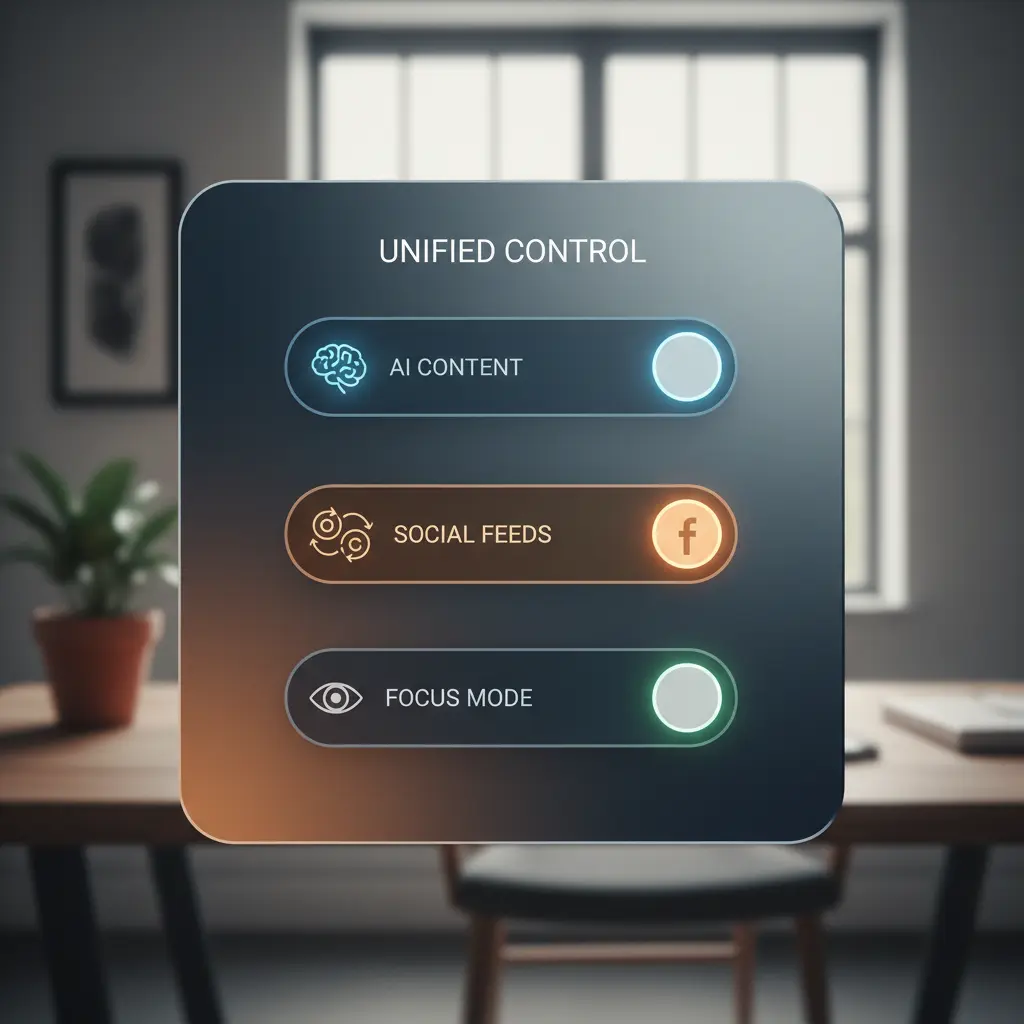 Screenshot of an extension's unified control surface with toggles for AI content, social media feeds, and focus mode