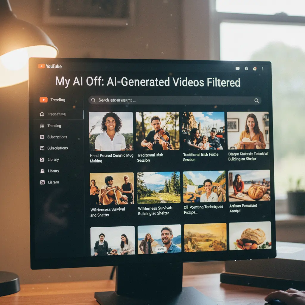 Screenshot of YouTube with AI-generated video recommendations filtered out by My AI Off